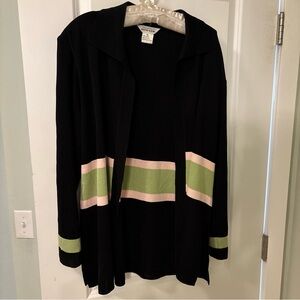 Exclusively Misook Open Front Cardigan-XL-Black w/ Pink & Green Stripe-Collared
